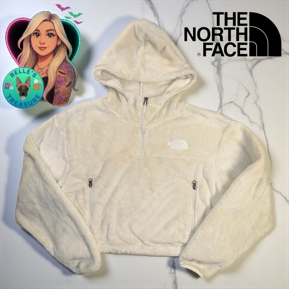 The North Face Hoodie Womens Large Osito Cropped Beige Embroidered Logo 1/4 Zip